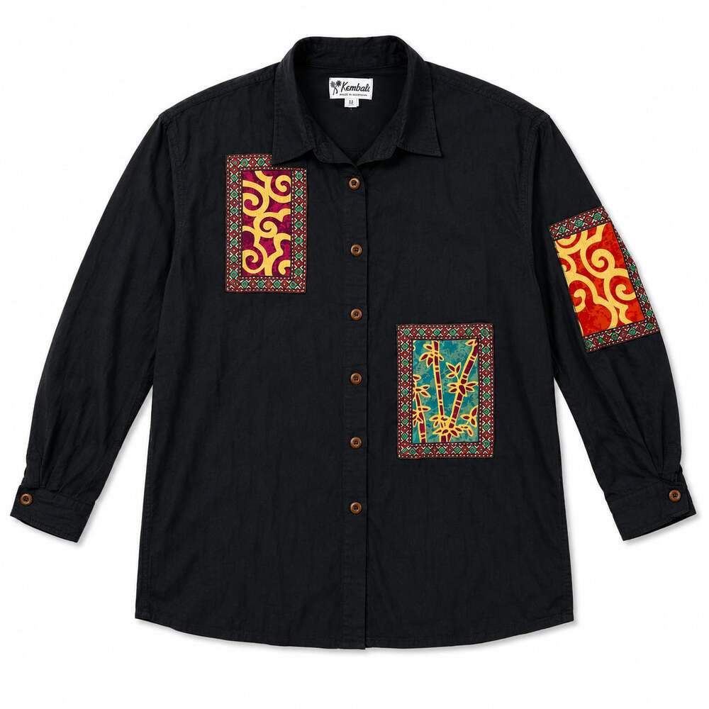 Kembali Women's Black Rayon Button-Down Shirt with Tribal Print Patches